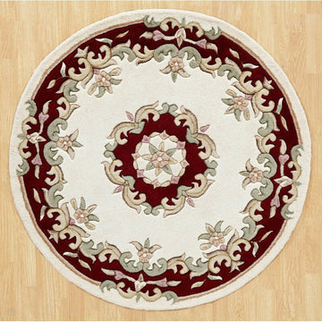 Royal Traditional Floral Aubusson Medallion Border French-Style Hand-Carved Hi-Low Textured Soft Durable Wool Cream/Red Round Rug-Melrose-Rug Love - The Most Loved Rug Store